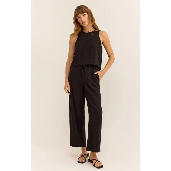 Black High-Waisted Wide-Leg Pants With Drawstring Waist & Pockets - Picture 1 of 8
